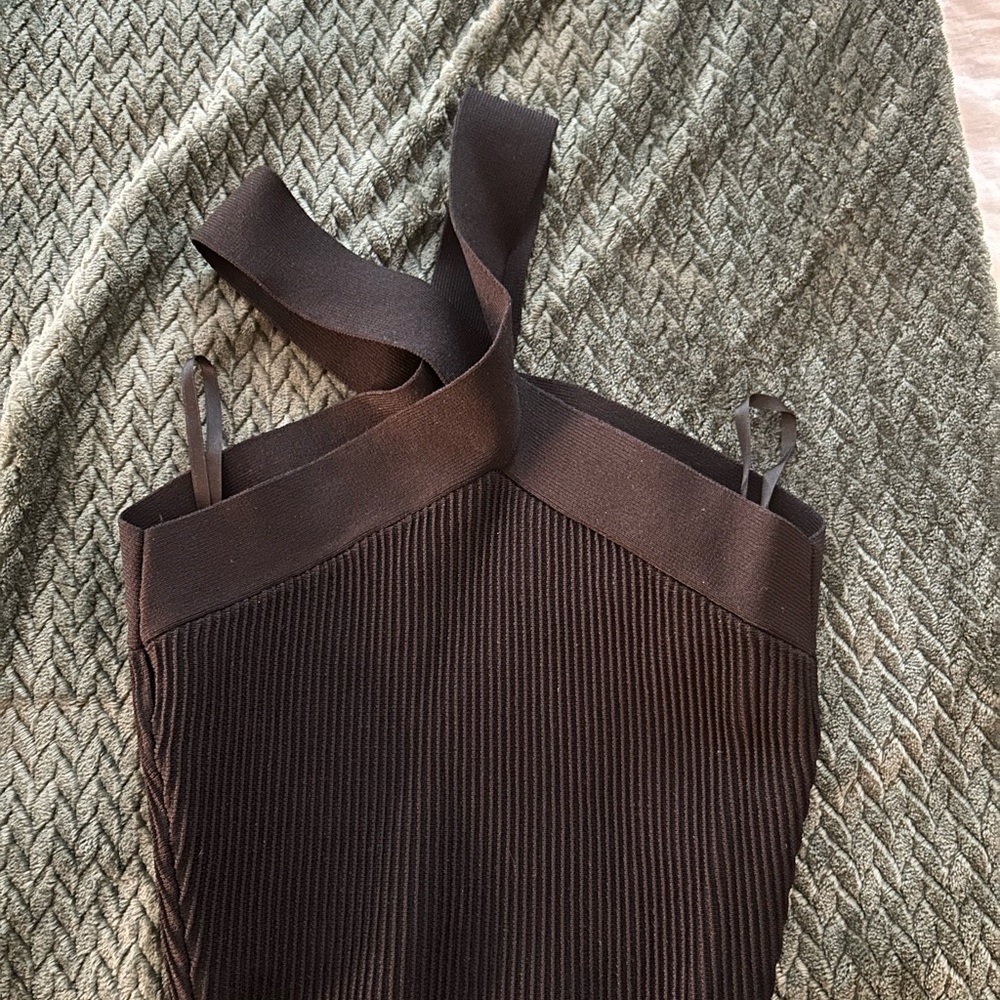 Aritzia Brown Ribbed Bodycon Dress Halter Sleeveless